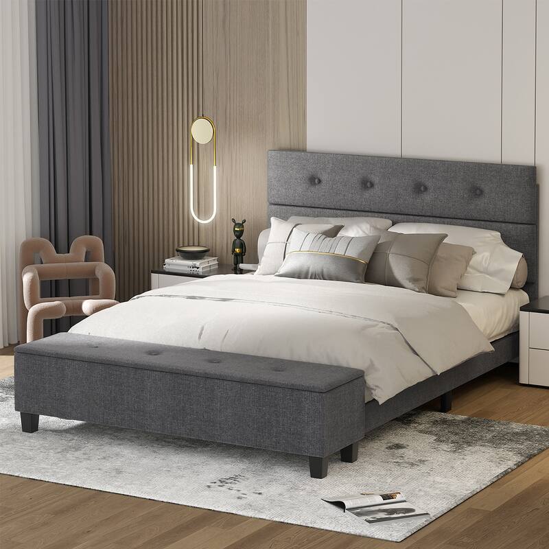 Costway Full Upholstered Bed Frame with Ottoman Storage Linen Button - Queen