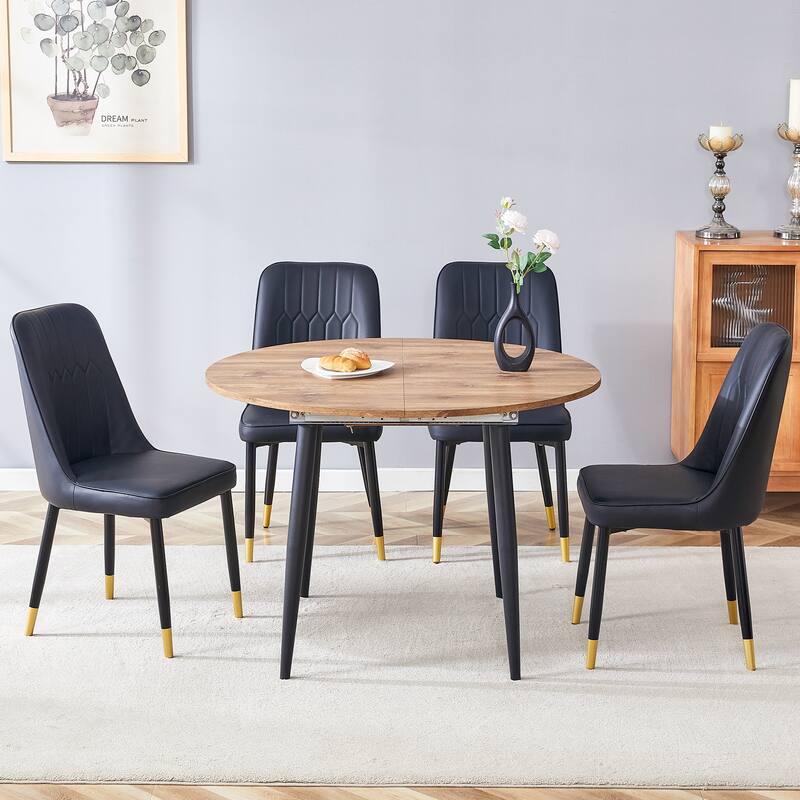 5-Piece Round Dining Set with Extendable Dining Table, Wood Kitchen Table Set with 4 PU Chairs for Dining Room