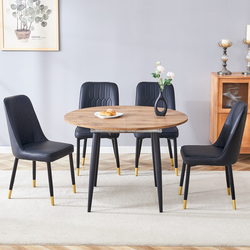 Convertible Round Oval Dining Table Set with Black Ergonomic Chairs