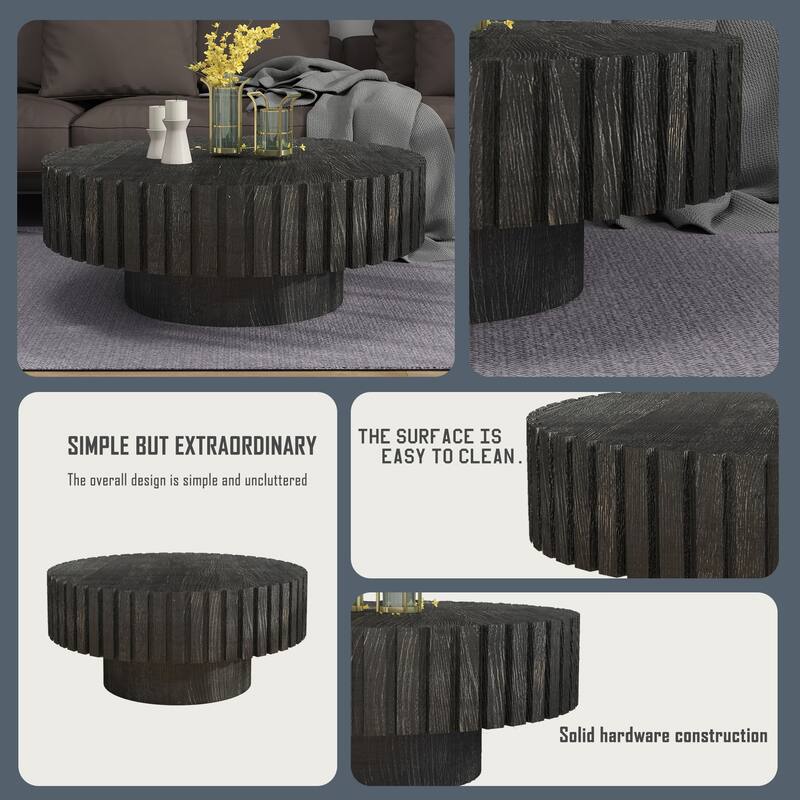 GDFStudio - Norwyn Minimalist Aesthetics Round Coffee Table with Sturdy Base and Handcrafted Relief Carving - 31.5"W