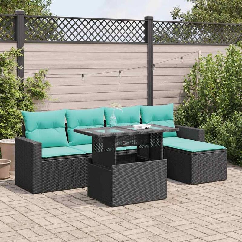 vidaXL Patio Sofa Set with Cushions and Table Outdoor 6 Piece Poly Rattan - 21.7 x 24.4 x 27.2 - Black with storage