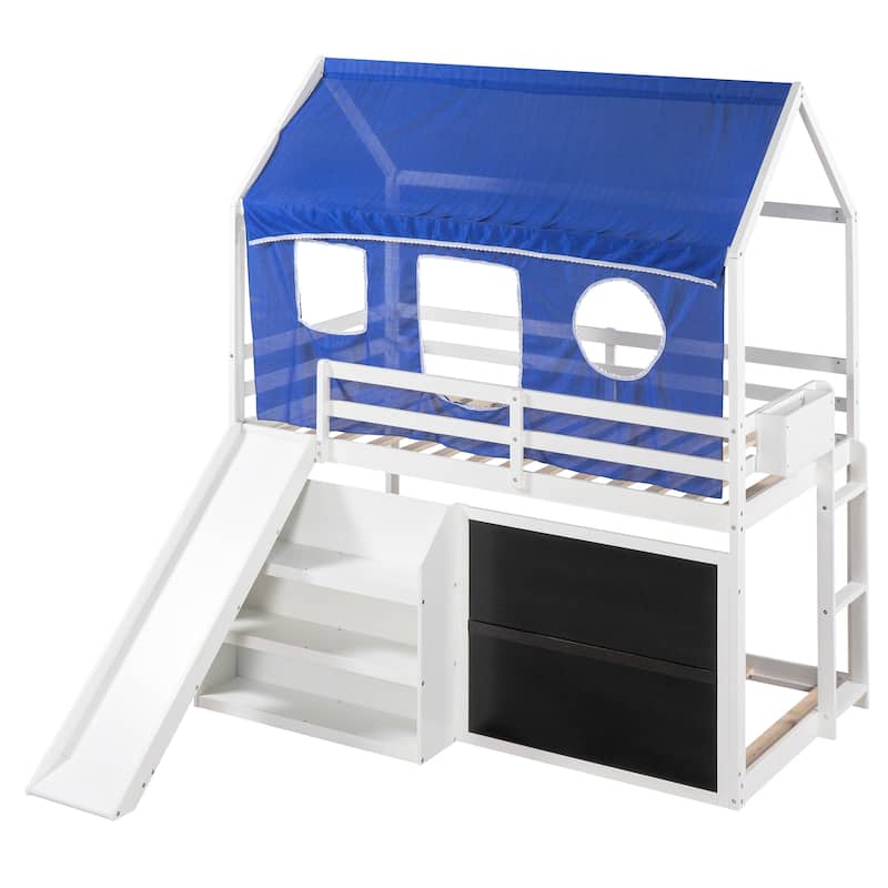 Twin over Twin House Bunk Bed with Blue Tent, Slide, Shelves and