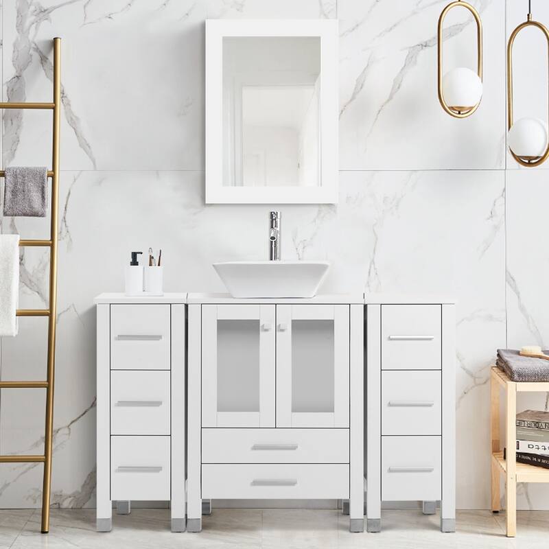 48" Bathroom Vanity with Sink Set Side Cabinet Combo - White - W-Ceramic square sink