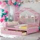 preview thumbnail 25 of 33, Full Size Wooden House Bed Kids Bed with 2 Drawers and Storage Shelf Pink