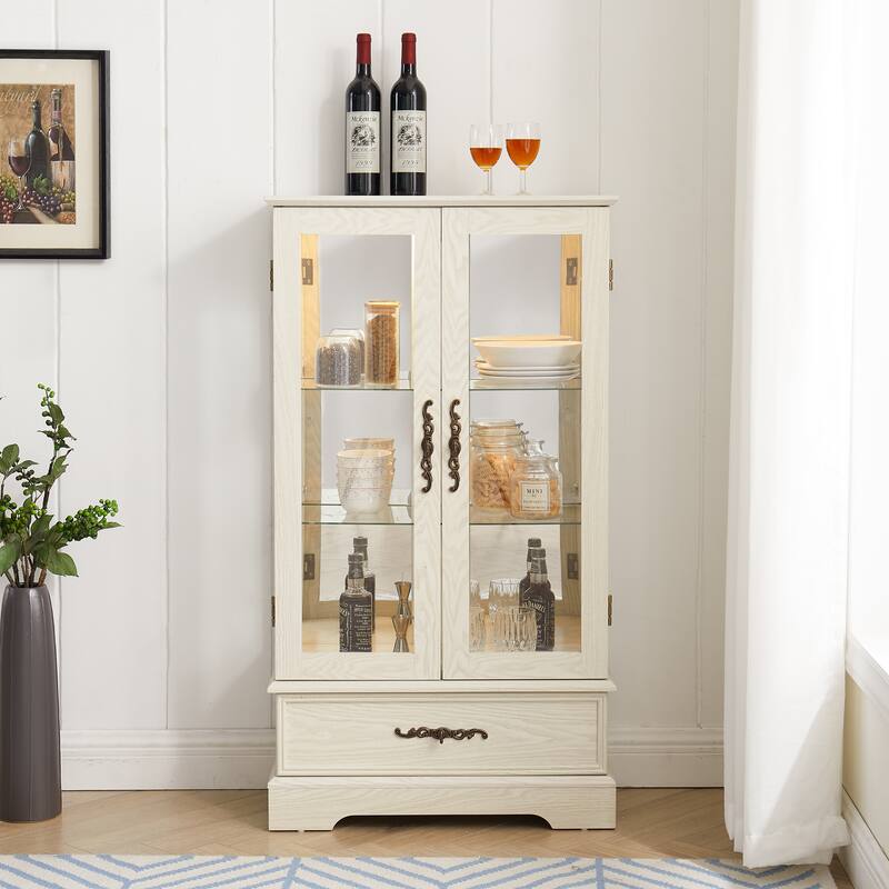Lighted Glass Curio Cabinet with Adjustable Shelves - Elegant 2-Door Display Cabinet & Built-in Drawer, Includes Bulb - White