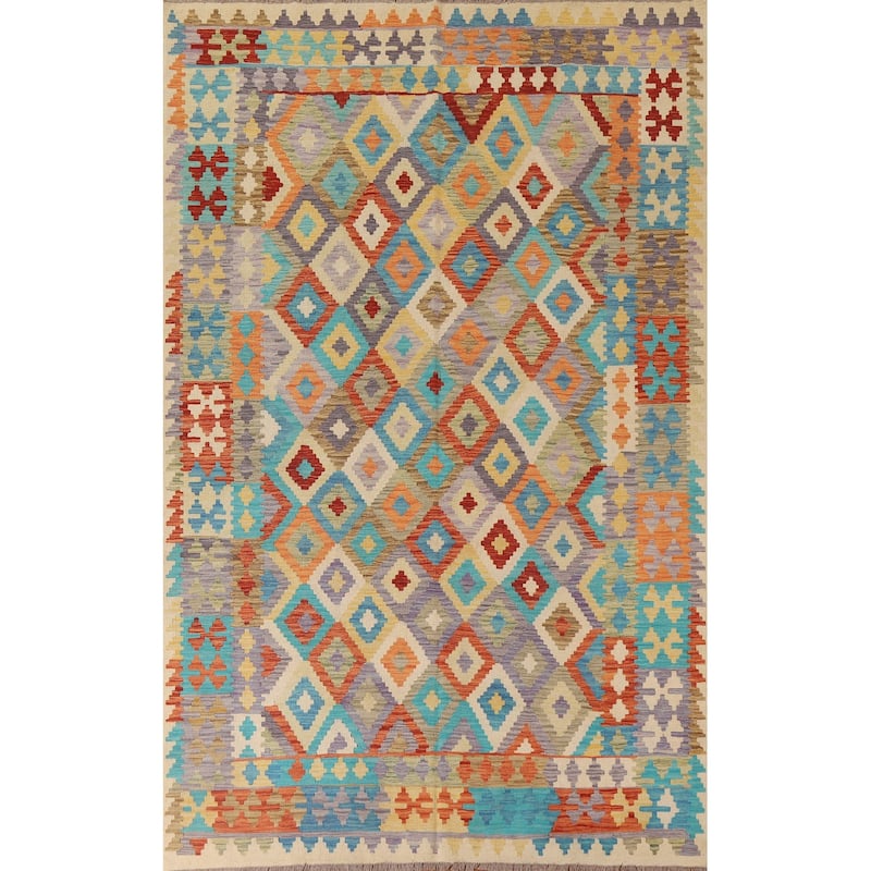 Hand Woven Oriental 100% Wool Carpet Southwestern Geometric Multi-Colored Kilim Area Rug - 9' 6'' X 6' 9''