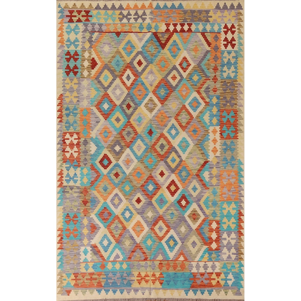 Hand Woven Oriental 100% Wool Carpet Southwestern Geometric Multi-Colored Kilim Area Rug - 9' 6'' X 6' 9''