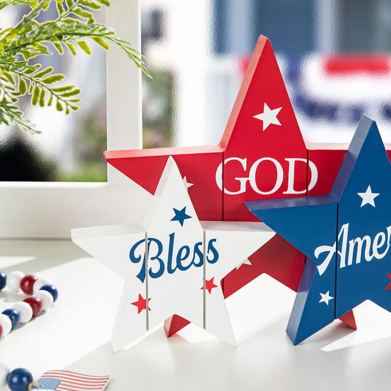 Glitzhome Wooden Patriotic/Americana Houses Stars Table Decor