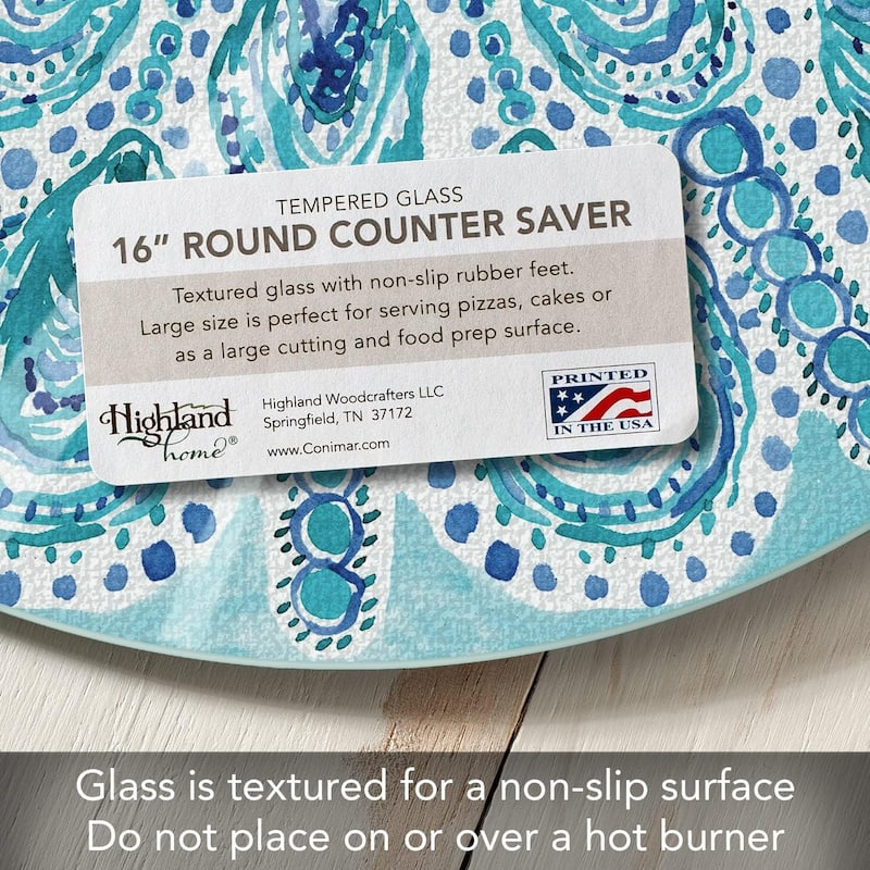 Ocean Fantasy 4mm Heat Tolerant Round Tempered Glass Cutting Board 16" Round Made in the USA Food Preparation Board