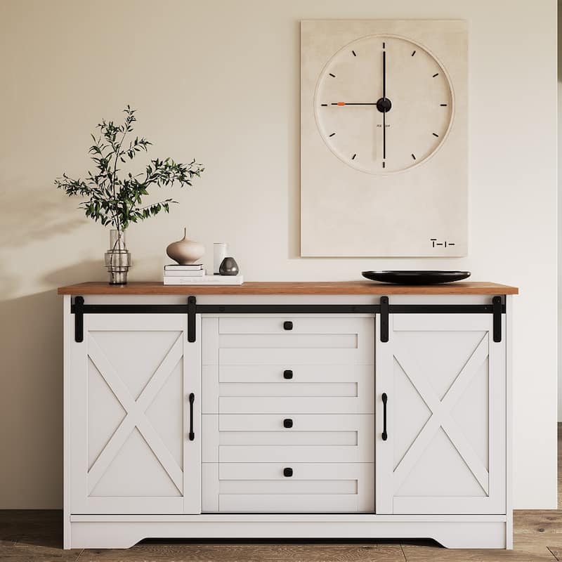 JASIWAY Barn Buffet Sideboard Cabinet with 2 Doors and 4 Drawers