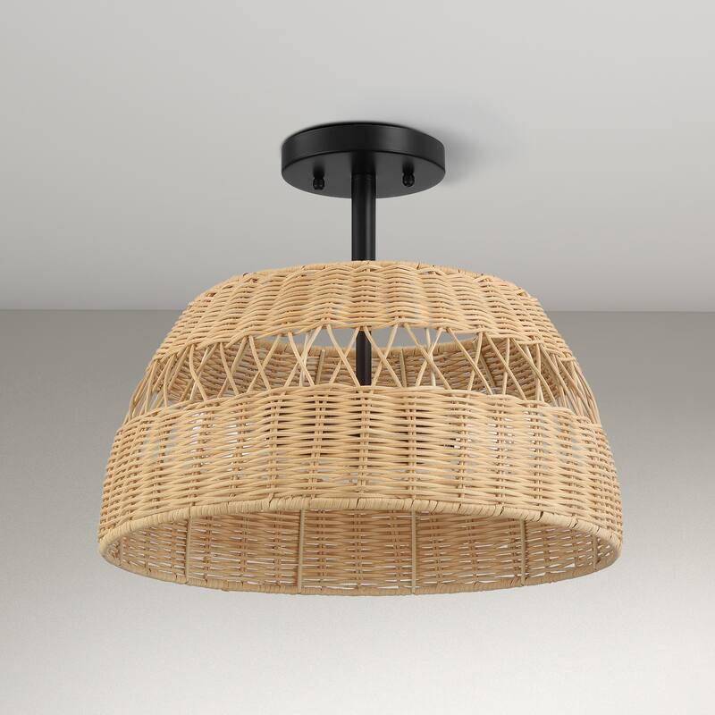 Twinre Rattan Semi-Flush Ceiling Light, Farmhouse Double Light Fixture