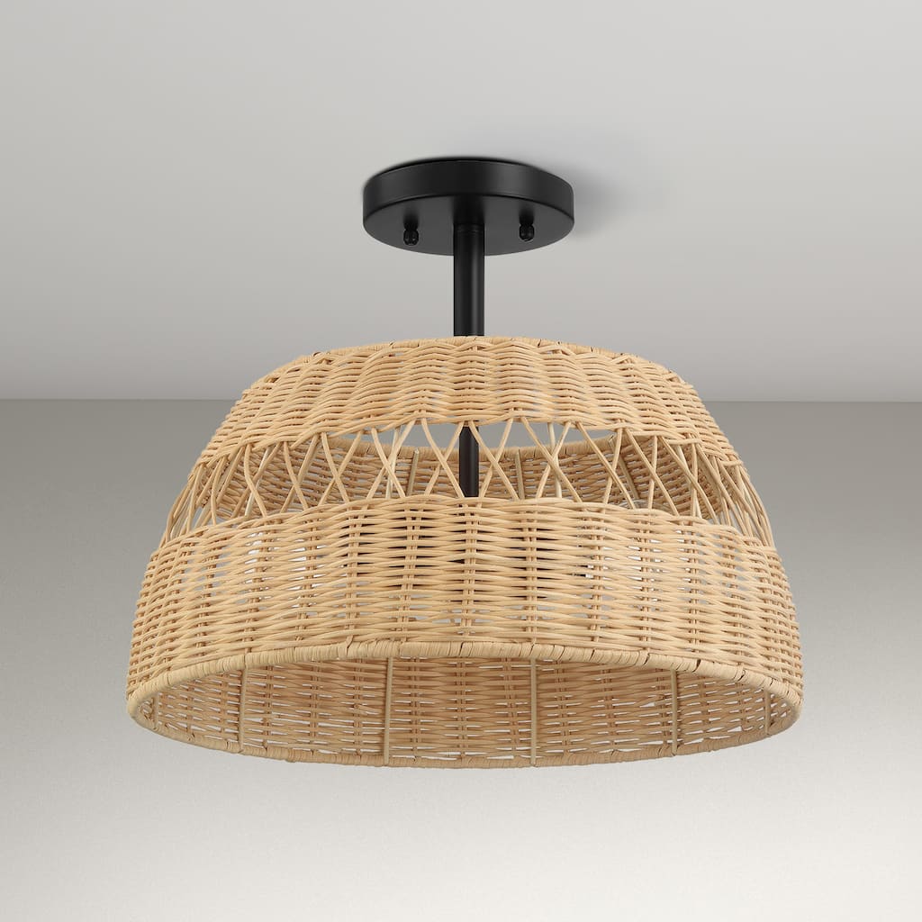 Twinre Rattan Semi-Flush Ceiling Light, Farmhouse Double Light Fixture