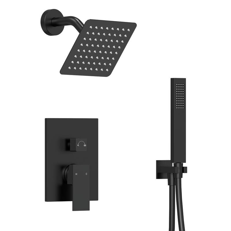 Wall Mounted 6 in Rain Shower Head Bathroom Shower Faucet Set, 2-Setting Square Shower System With Rough-In Valve, & Handheld - Matte Black