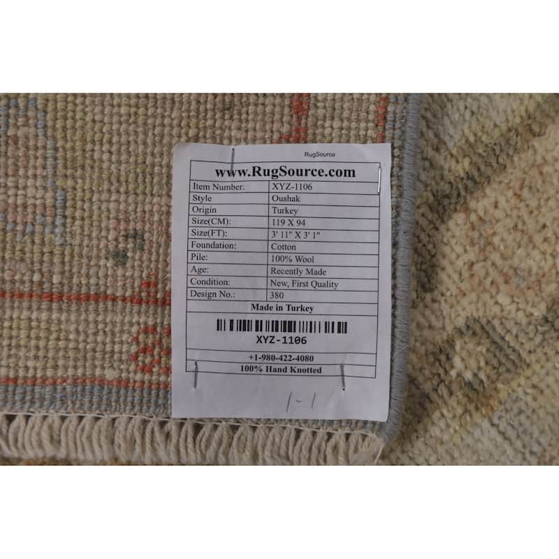 Geometric Oushak Turkish Area Accent Rug Hand-Knotted Wool Carpet - 3'1" x 3'11"