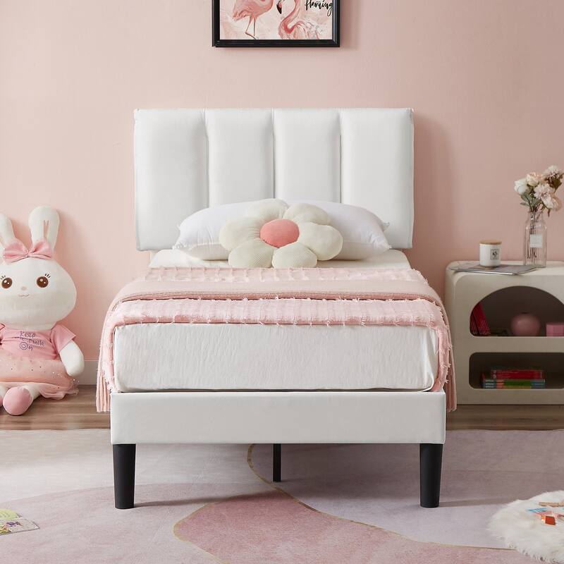 Upholstered Velvet Upholstered Bed Frame with Adjustable Height Headboard No Box Spring Needed Platform Bed Under Bed Storage - White - Twin