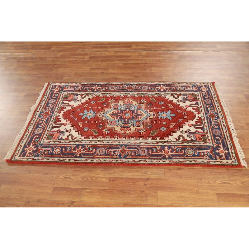 Hand Knotted Oriental 100% Wool Carpet Traditional Medallion Oranges & Rust Heriz (serapi) Area Rug - 5' 2'' X 2' 11''