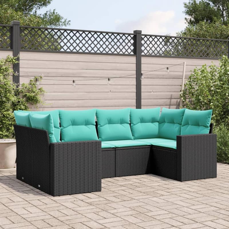 vidaXL 6 Piece Patio Sofa Set with Cushions Black Poly Rattan - 24.4" x 24.4" x 27.2"