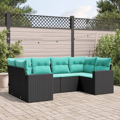 vidaXL 6 Piece Patio Sofa Set with Cushions Black Poly Rattan - 24.4" x 24.4" x 27.2"