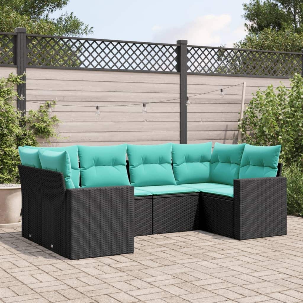 vidaXL 6 Piece Patio Sofa Set with Cushions Black Poly Rattan - 24.4" x 24.4" x 27.2"