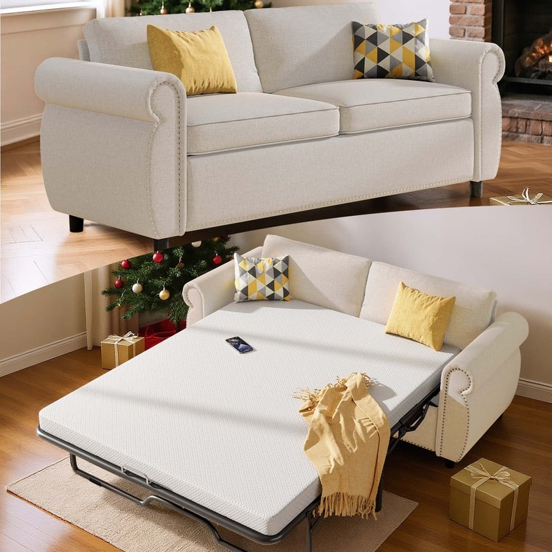 Mixoy Full/Queen Size Pull Out 2 in 1 Sleeper Sofa Bed with Mattress,Convertible Upholstered Loveseat with Nailhead - Queen Size - Beige