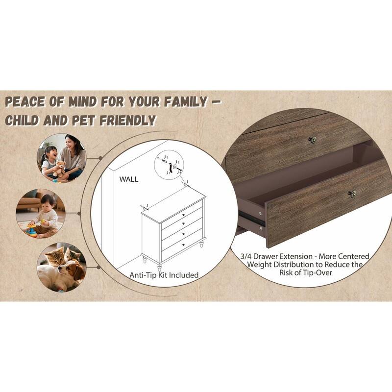 Large 4-Drawer Wood Dresser with Solid Wood Feet, Brown Finish & Metal Knobs, Antique Storage Chest