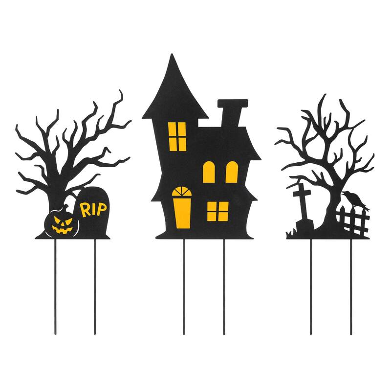 Glitzhome Set of 3 Halloween Metal Silhouette Haunted Yard Stake or Hanging Decor