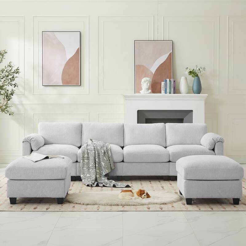Multi-Seater Corduroy Sectional Sofa, Modular Settee, Included Removable Ottomans
