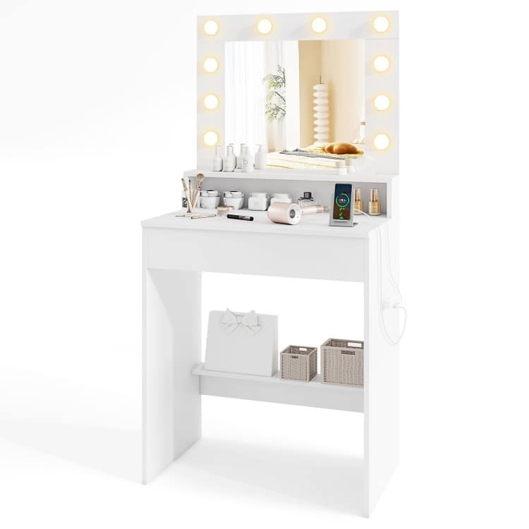 White MDF Vanity Desk with Mirror, Adjustable LED Lights, Built-in Charging Station and Spacious Storage - 26" x 16" x 53.5"