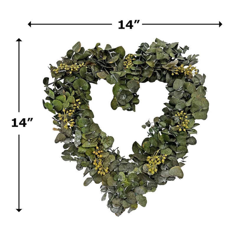 Preserved Decorative Real Dried Eucalyptus Valentines Day Heart Wreath in 14 inches- Green