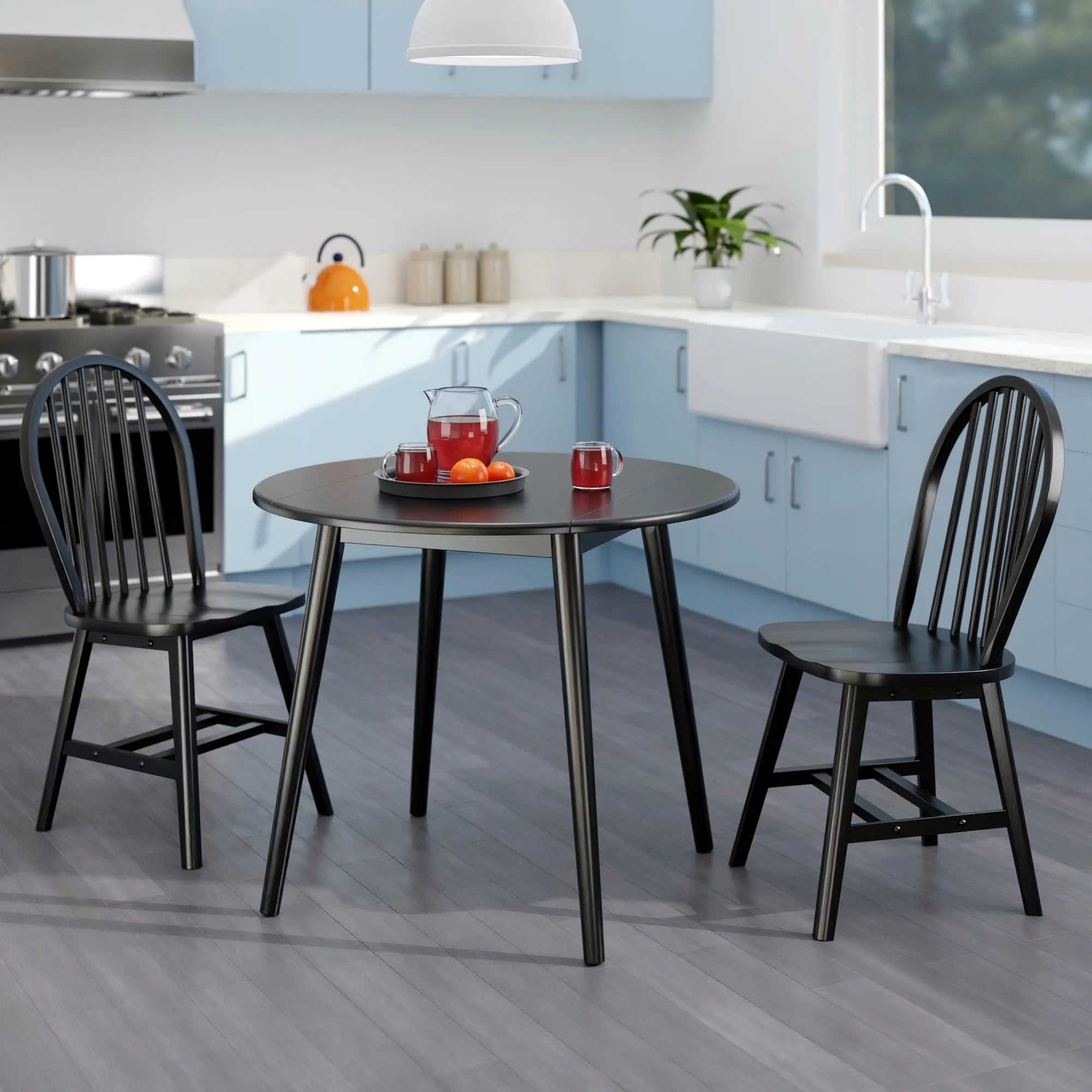 Wooden Drop Leaf Dining Table with Windsor Chairs - 35.5" - 3-Piece