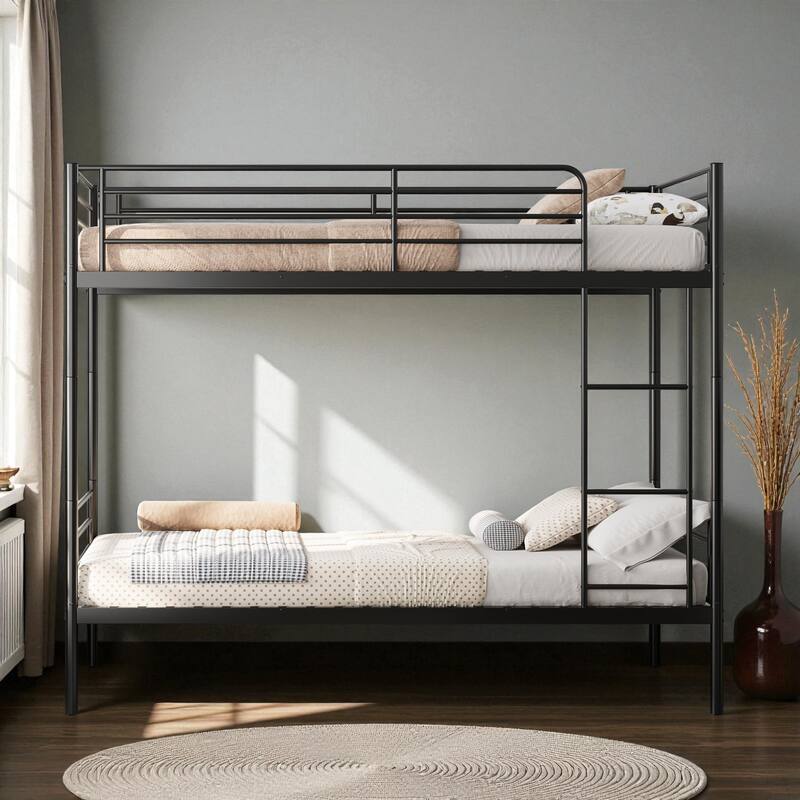 Twin Over Twin Metal Bunk Bed with Ladder, High Guardrails, Convertible to Two Beds, Noise-Free Frame & Storage Space - Black - Twin