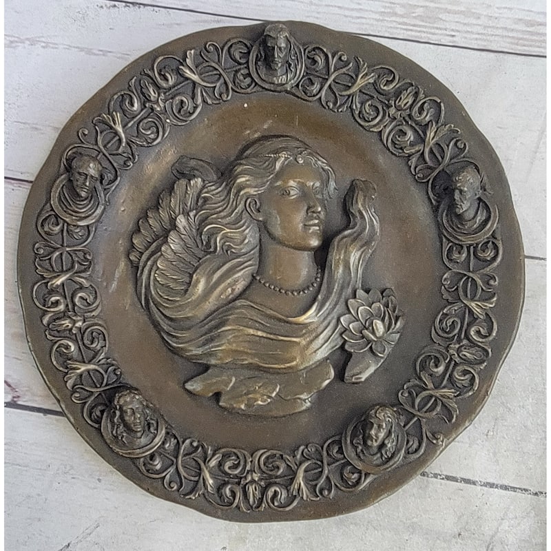 Art Nouveau Female Portrait Bronze Metal Hanging Wall Plate Signed Original Art