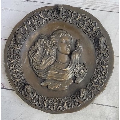 Art Nouveau Female Portrait Bronze Metal Hanging Wall Plate Signed Original Art