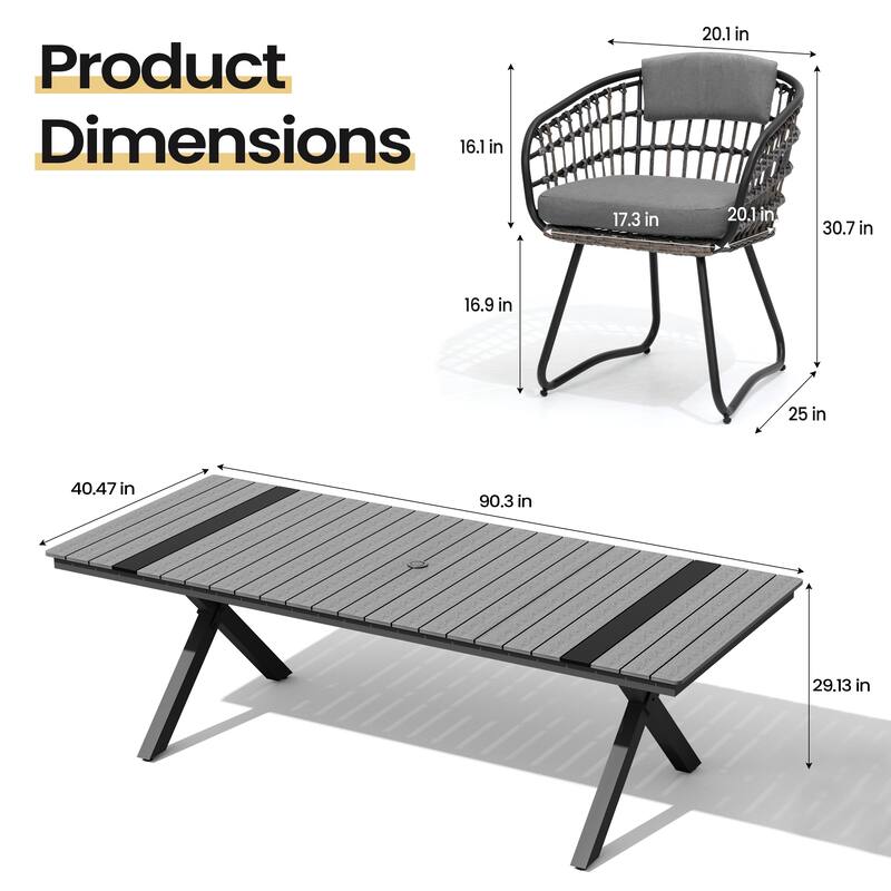 9PC Outdoor Patio Aluminum Dining X Frame Table and Rattan Chairs Set with Umbrella Hole