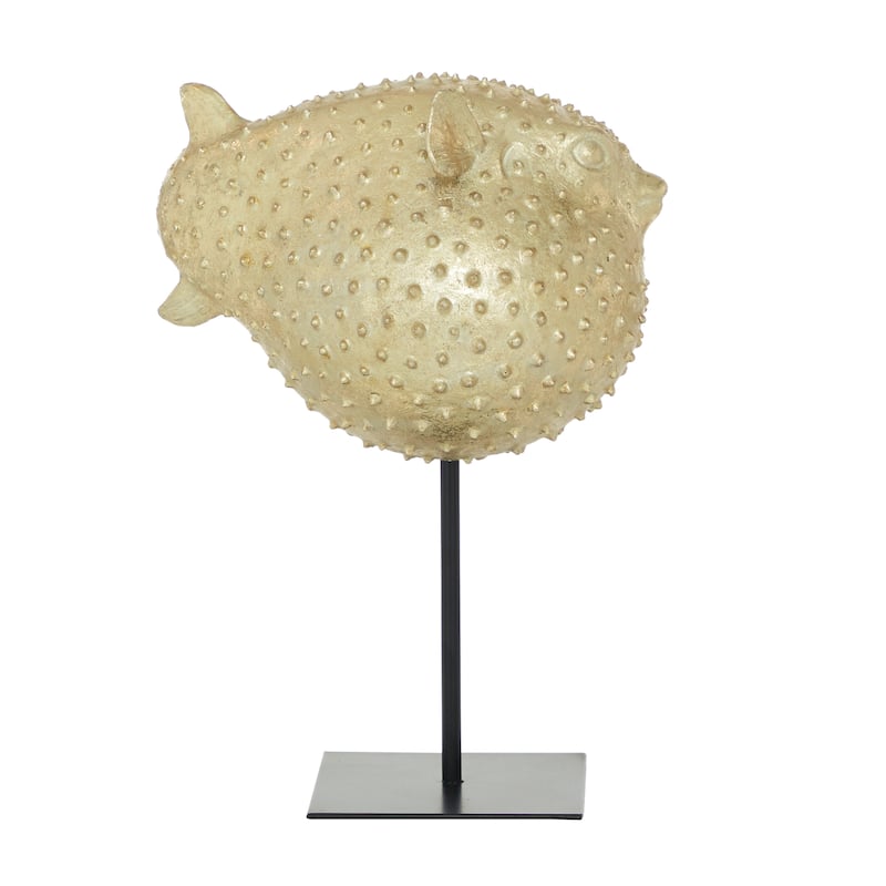 Gold Polyresin Handmade Spiked Blowfish Decorative Sculpture with Stand - 10 x 7 x 14