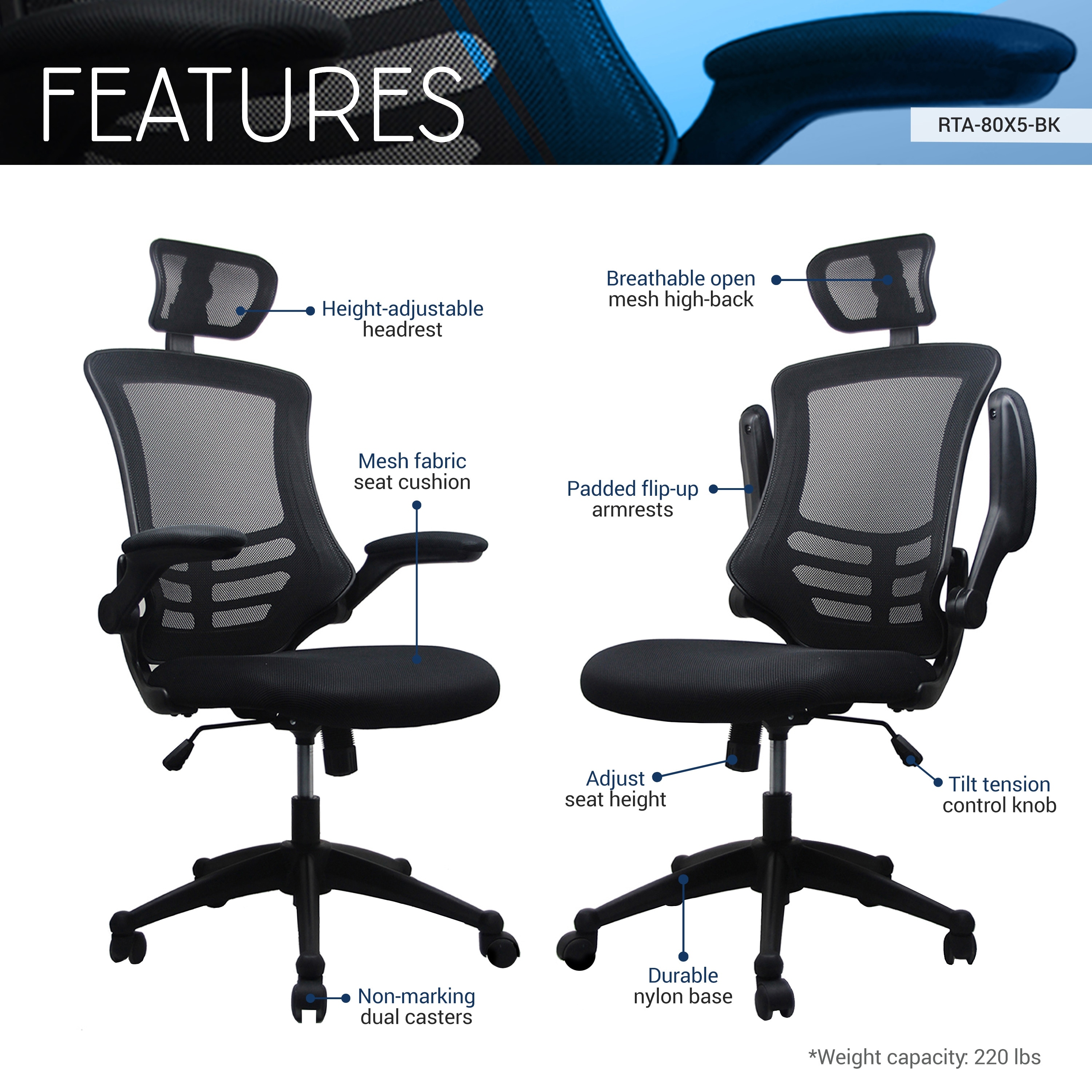 Techni mobili high back mesh executive office chair with neck store support