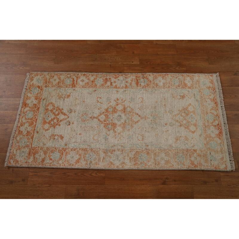 Geometric Oushak Turkish Traditional Oriental Wool Rug Hand-knotted - 1'11" x 3'10"