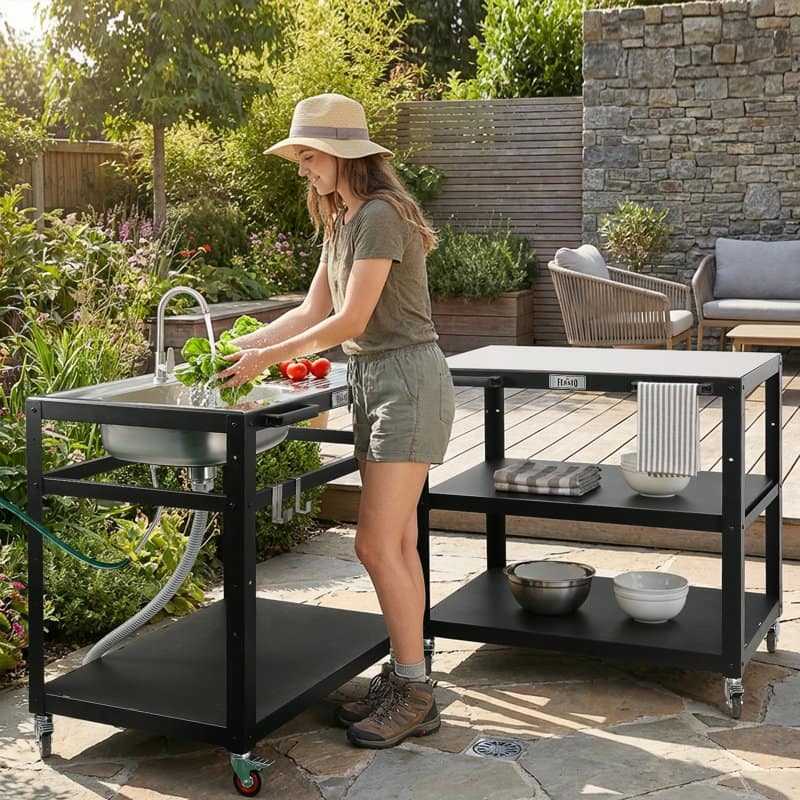 FEASTO 35-Inch Outdoor Grill Cart with Stainless Steel Sink, Rolling BBQ Prep Table with Faucet, Storage Shelves and Wheels