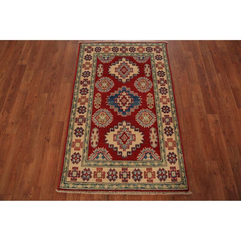 Red Geometric Kazak Foyer Rug Handmade Wool Carpet - 2'8" x 4'3"
