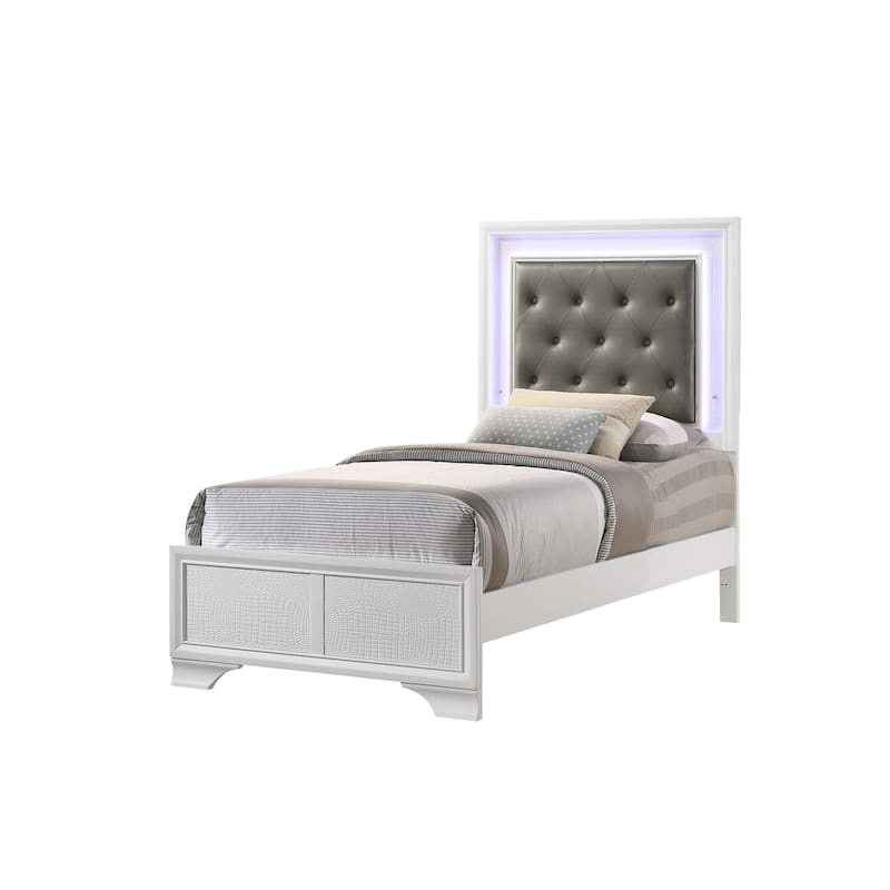 Kym 4 Piece Frost LED Faux Leather Upholstered Tufted Panel Bedroom Set
