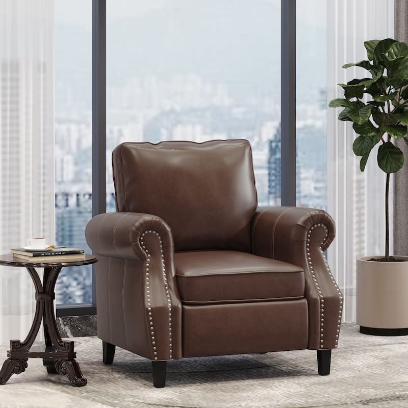Roomfitters Faux Leather Accent Chair with Rolled Arms and Nailhead Trim, Upholstered Armchair for Living Room, Brown - Brown