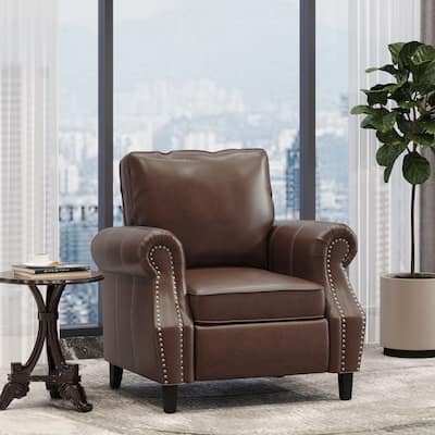 Roomfitters Faux Leather Accent Chair with Rolled Arms and Nailhead Trim, Upholstered Armchair for Living Room, Brown