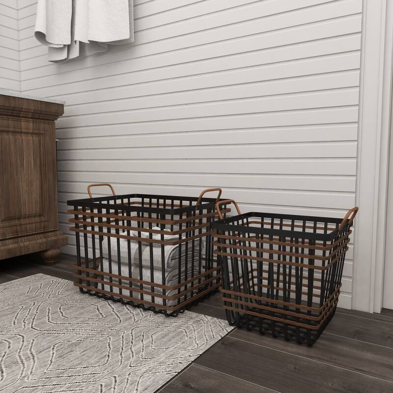 Black Seagrass Decorative and Functional Storage Basket with Handles (Set of 2)