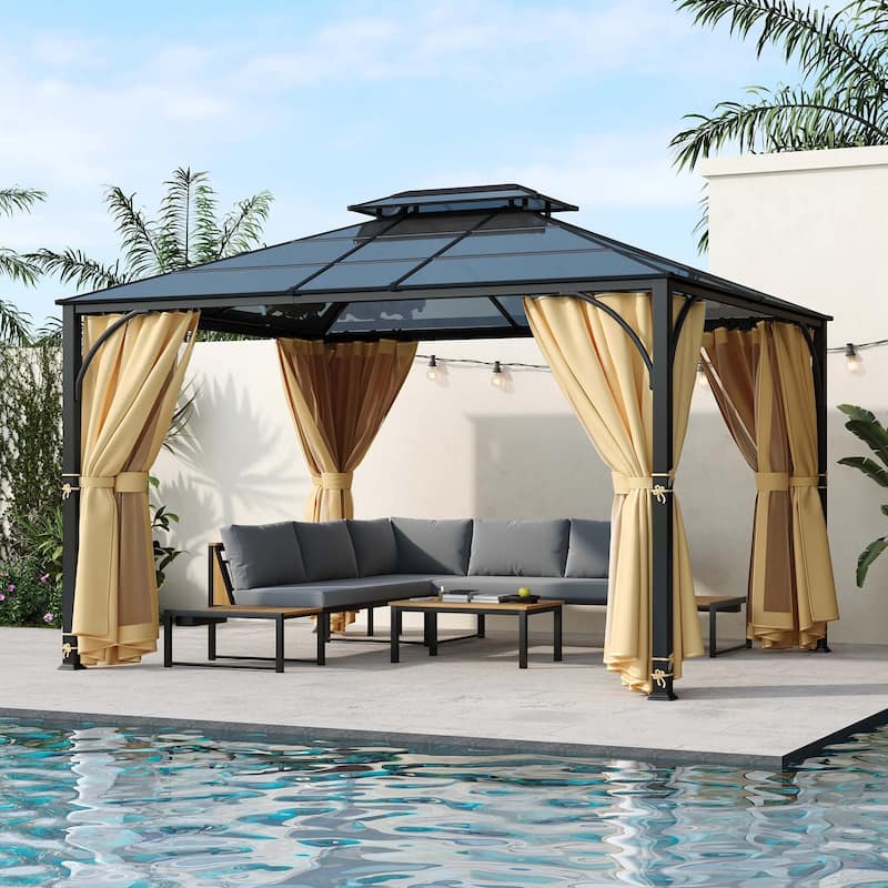10'x12' Hardtop Outdoor Gazebo with Netting and Curtains for Patio or Backyard