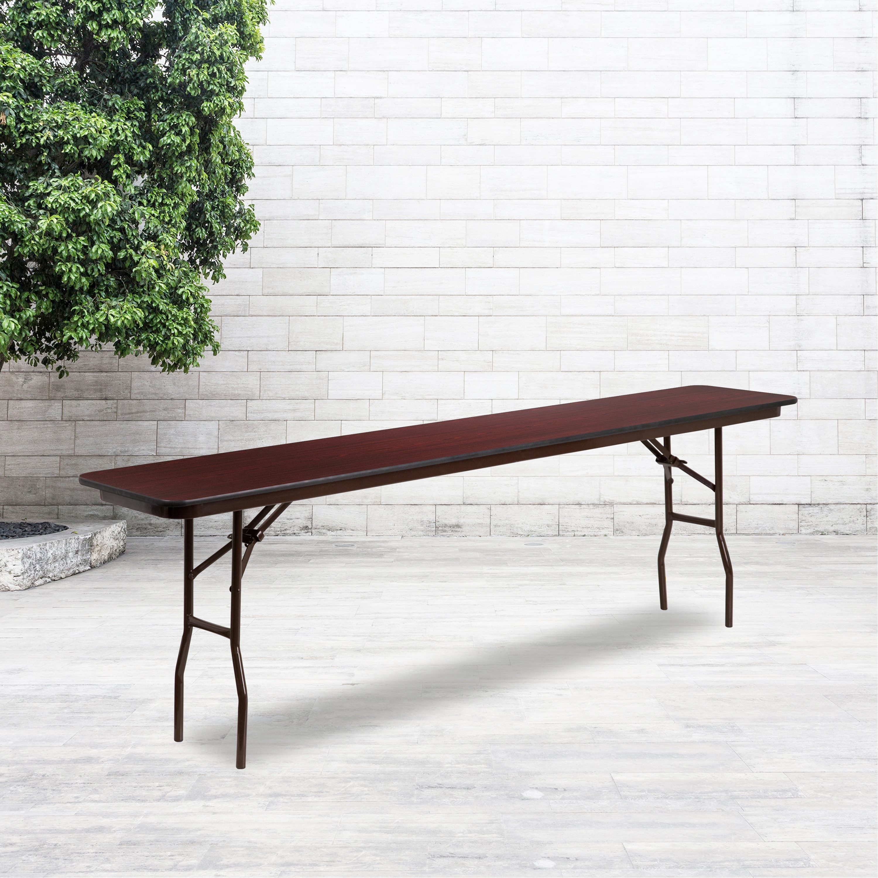 18" x 96" Rectangular Mahogany Melamine Laminate Folding Training Table