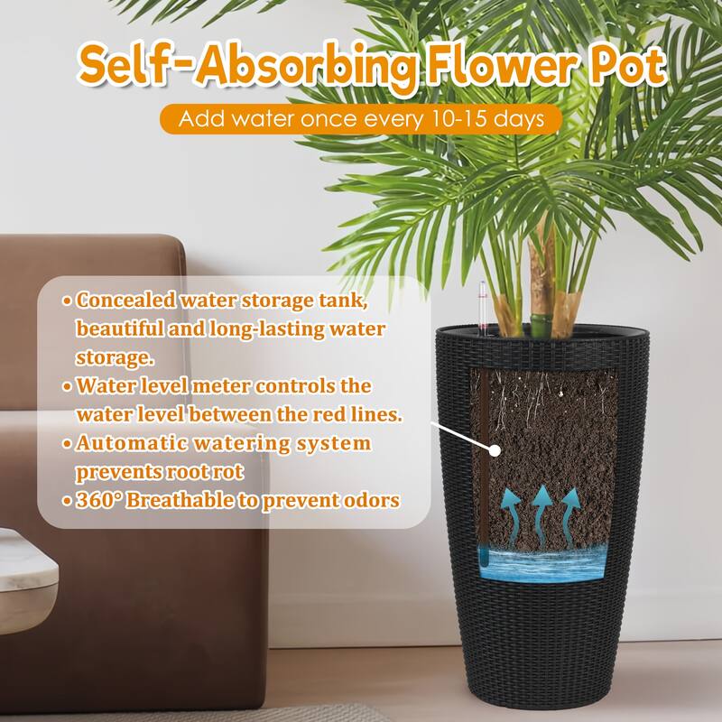 Set of 2 Faux Rattan Tall Planters Outdoor Indoor Large Planters with Water Level Monitor Inner Bucket,Automatic Watering