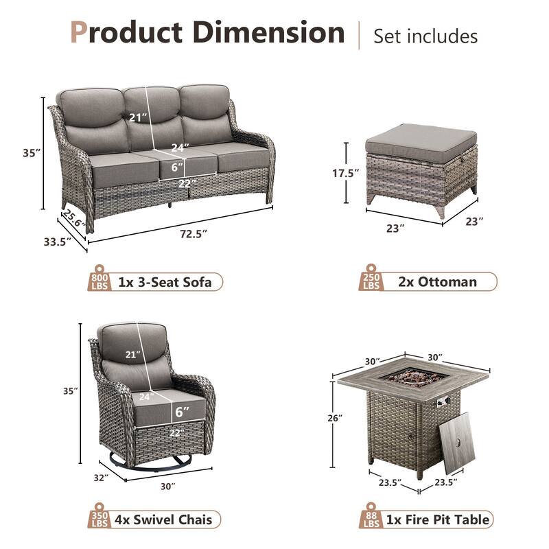 Pocassy 8 Pieces Outdoor 6" Sofa Swivel Chair Ottoman with Fire Pit Table