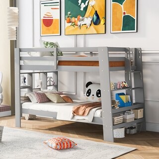 Grey Twin Over Twin Bunk Bed with Ladder, Storage Shelves, Pine Frame