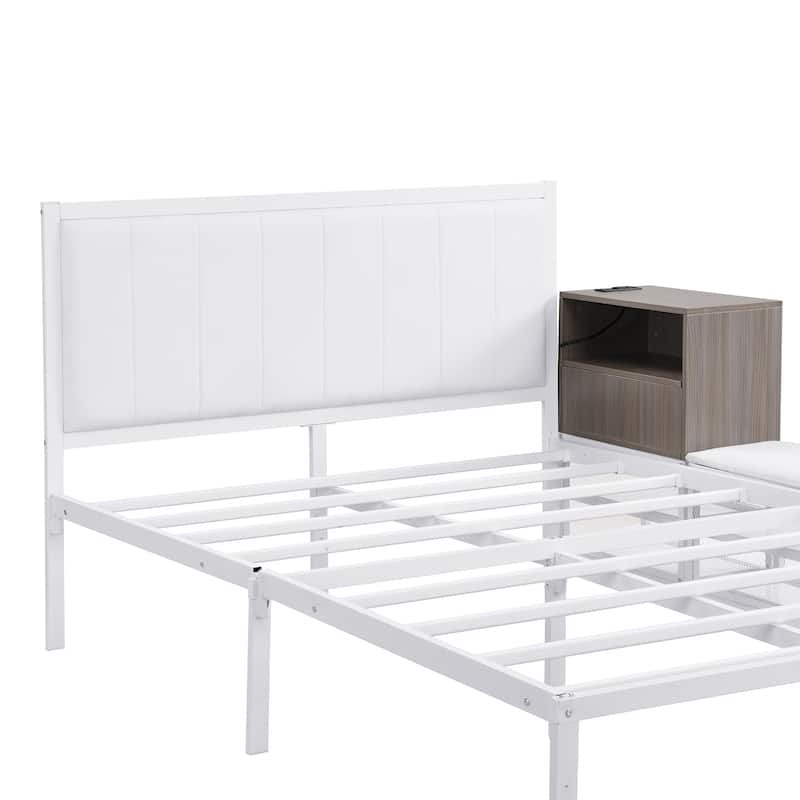 Full Metal Platform Bed with Cabinet, 2-Tier Shelves & Footrest
