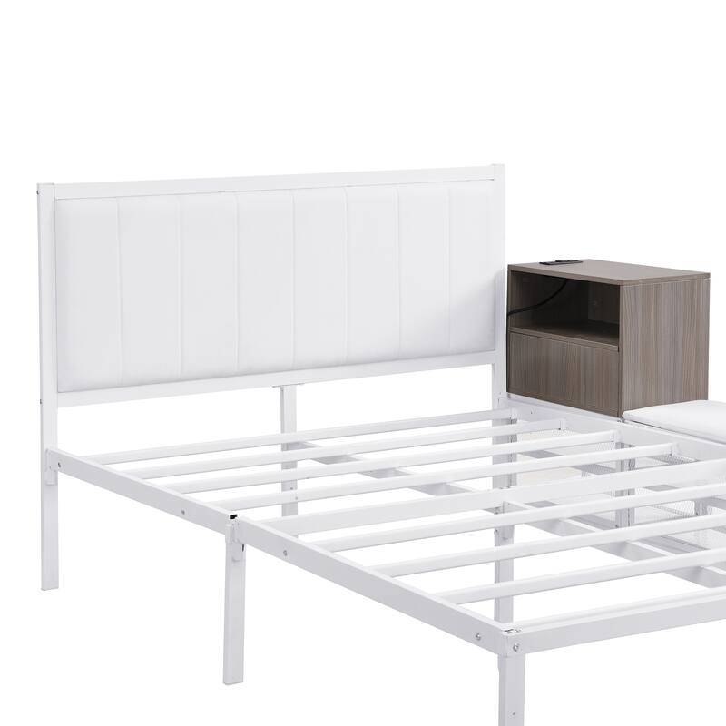 Full size Metal Platform Bed with Wooden Cabinet, Two-Tier Shelves And Cushioned Footrest